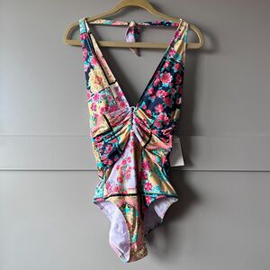 JOHNNY WAS‎ Japer Plunge Keyhole One Piece Swimsuit Large Halter Ruched $218 NWT